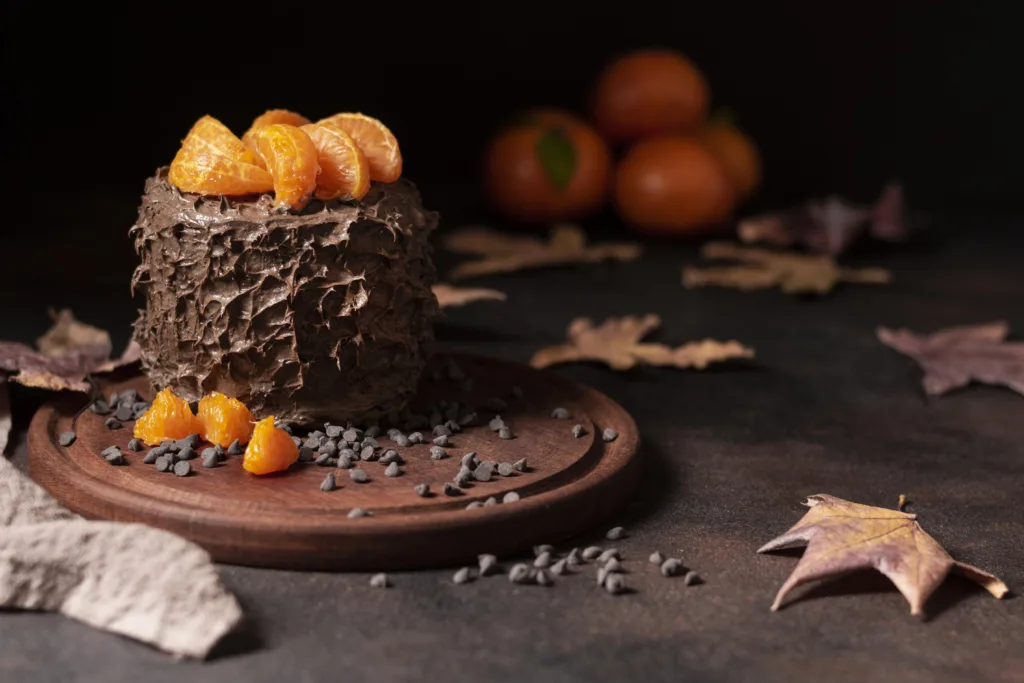 Ein Holzkästchen gefüllt mit einem Stück Schokoladenkuchen und Schokoladenstückchen. Der Kuchen steht auf einem Tisch und um das Kästchen herum sind verschiedene Früchte wie Äpfel und Orangen angeordnet. Das Bild zeigt eine Nahaufnahme des Schokoladenkuchens, mit einem verlockenden Aussehen. Ein inspirierendes Bild für ein köstliches Schokokuchen Rezept